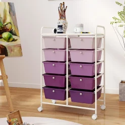 Chariot à roulettes avec 10 Tiroirs, Chariot de Rangement à 4 roulettes, 2 avec Frein, Cadre en Fer & Tiroirs en Plastique