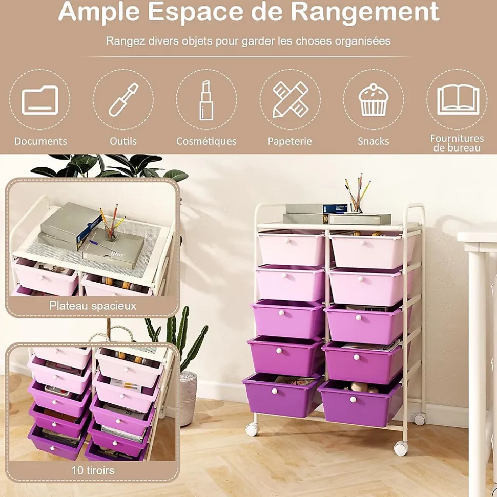 Chariot à roulettes avec 10 Tiroirs, Chariot de Rangement à 4 roulettes, 2 avec Frein, Cadre en Fer & Tiroirs en Plastique