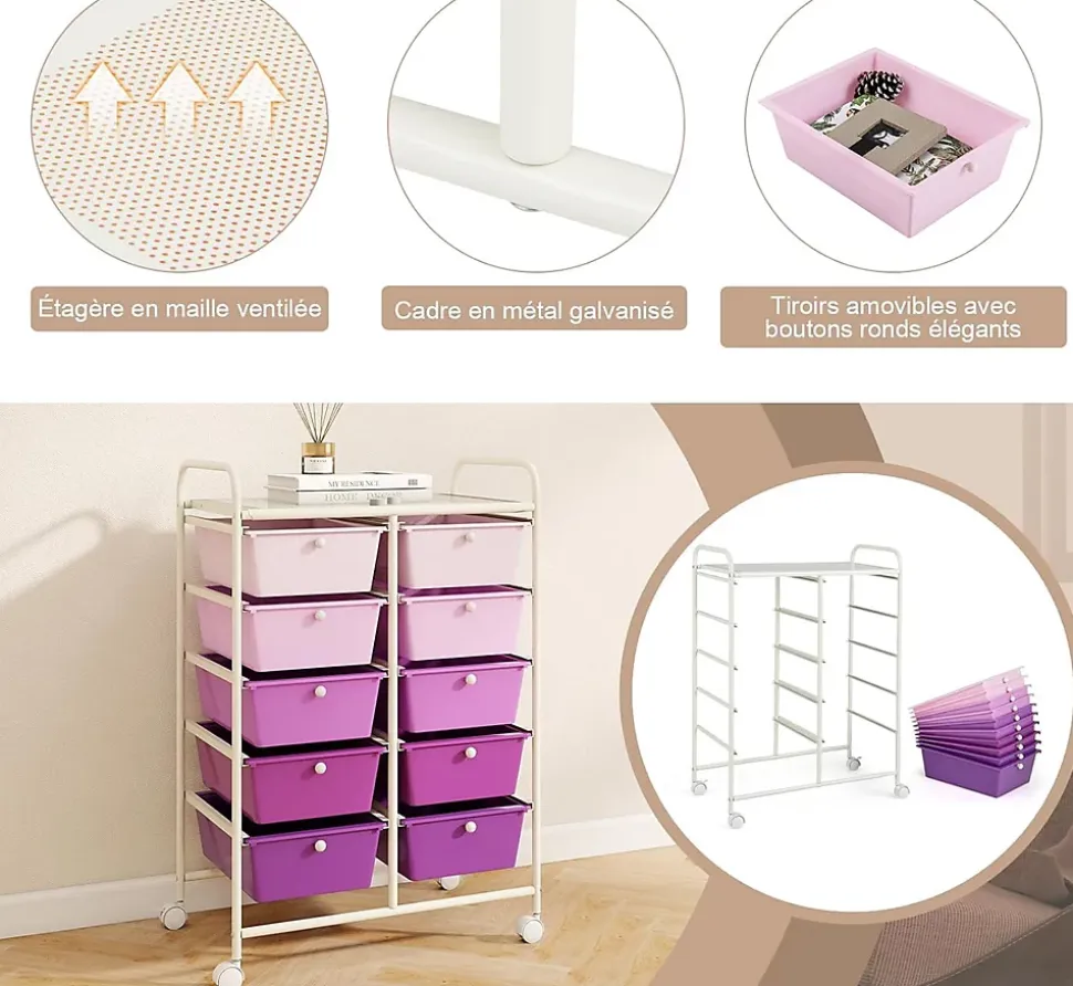 Chariot à roulettes avec 10 Tiroirs, Chariot de Rangement à 4 roulettes, 2 avec Frein, Cadre en Fer & Tiroirs en Plastique