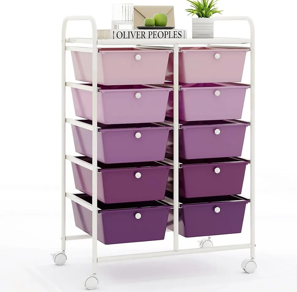 Chariot à roulettes avec 10 Tiroirs, Chariot de Rangement à 4 roulettes, 2 avec Frein, Cadre en Fer & Tiroirs en Plastique