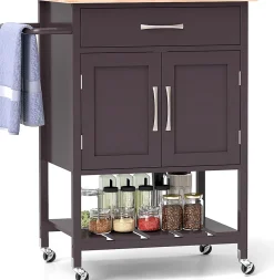 Chariot à roulettes Cuisine Comptoir en Bois Hévéa Grand Tiroir Armoire de Rangement Porte Serviettes Brun