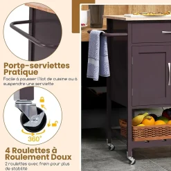 Chariot à roulettes Cuisine Comptoir en Bois Hévéa Grand Tiroir Armoire de Rangement Porte Serviettes Brun