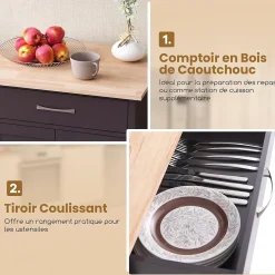 Chariot à roulettes Cuisine Comptoir en Bois Hévéa Grand Tiroir Armoire de Rangement Porte Serviettes Brun