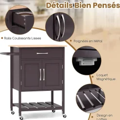 Chariot à roulettes Cuisine Comptoir en Bois Hévéa Grand Tiroir Armoire de Rangement Porte Serviettes Brun