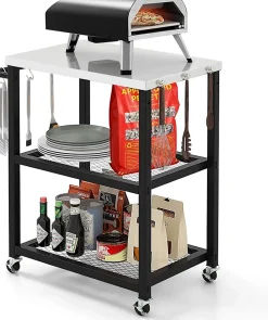 Chariot Barbecue Desserte Plancha Barbecue en Métal avec Comptoir 2 Étagères 9 Crochets