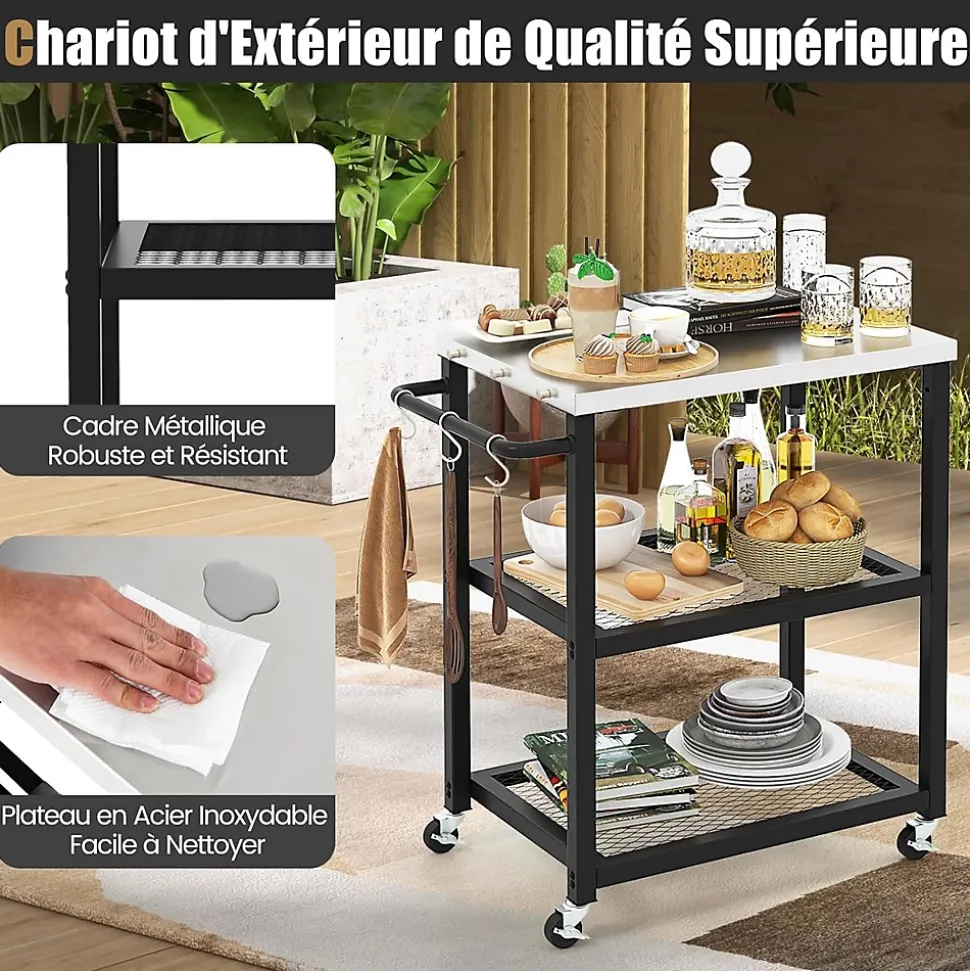 Chariot Barbecue Desserte Plancha Barbecue en Métal avec Comptoir 2 Étagères 9 Crochets