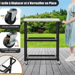 Chariot Barbecue Desserte Plancha Barbecue en Métal avec Comptoir 2 Étagères 9 Crochets