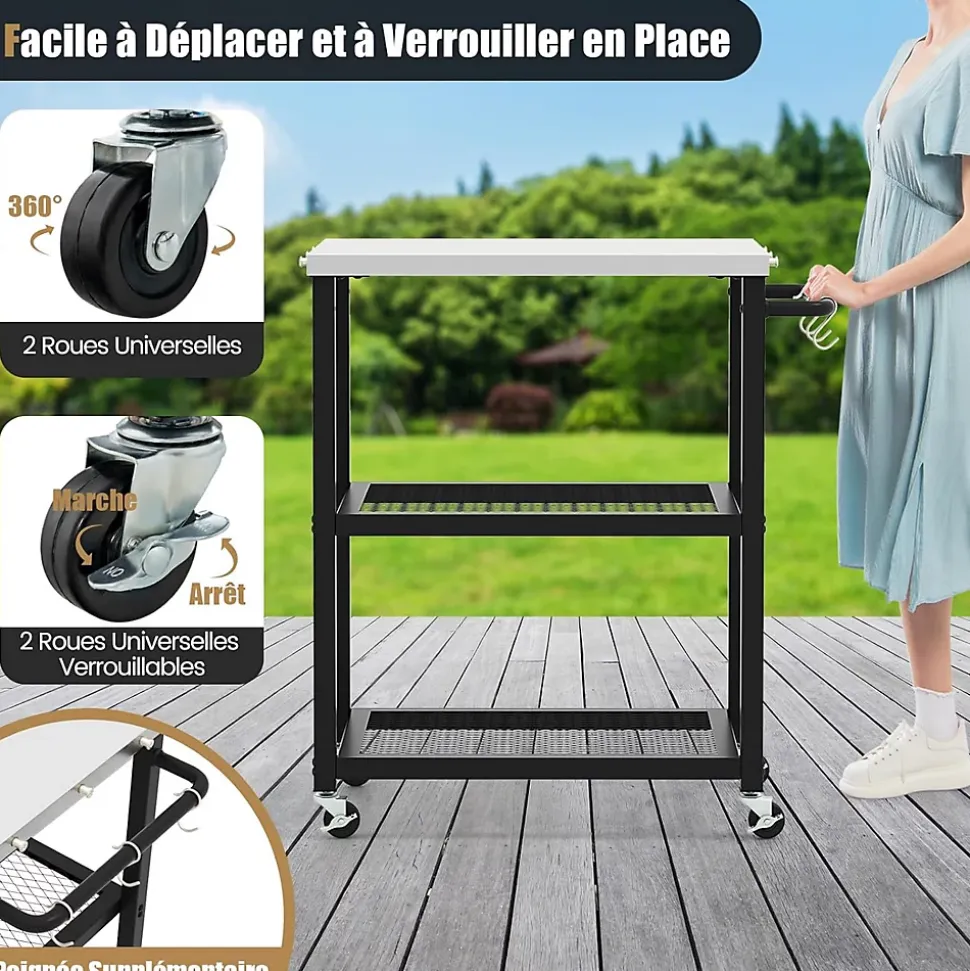 Chariot Barbecue Desserte Plancha Barbecue en Métal avec Comptoir 2 Étagères 9 Crochets