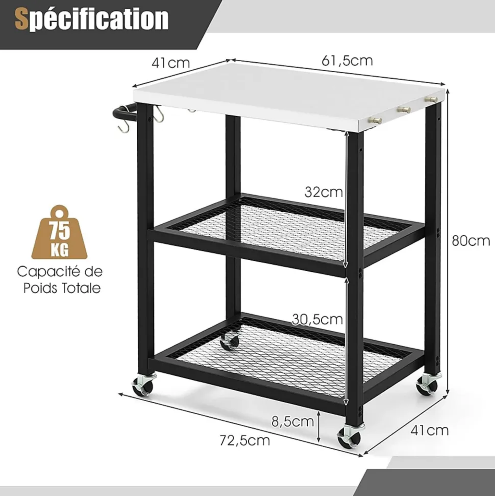 Chariot Barbecue Desserte Plancha Barbecue en Métal avec Comptoir 2 Étagères 9 Crochets