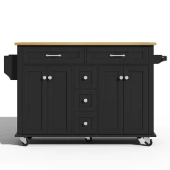 Chariot cuisine 120x65cm extensible, 5 tiroirs, porte-épices/serviettes, roulettes, îlot multifonction