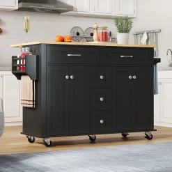 Chariot cuisine 120x65cm extensible, 5 tiroirs, porte-épices/serviettes, roulettes, îlot multifonction