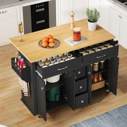 Chariot cuisine 120x65cm extensible, 5 tiroirs, porte-épices/serviettes, roulettes, îlot multifonction