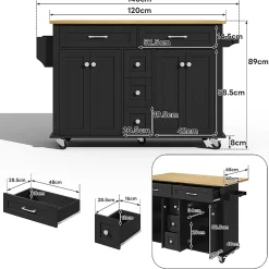 Chariot cuisine 120x65cm extensible, 5 tiroirs, porte-épices/serviettes, roulettes, îlot multifonction