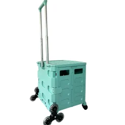 Chariot de course 8 roues - Pliable - Plastique - Avec Couvercle - Bleu Turquoise - 70Kg
