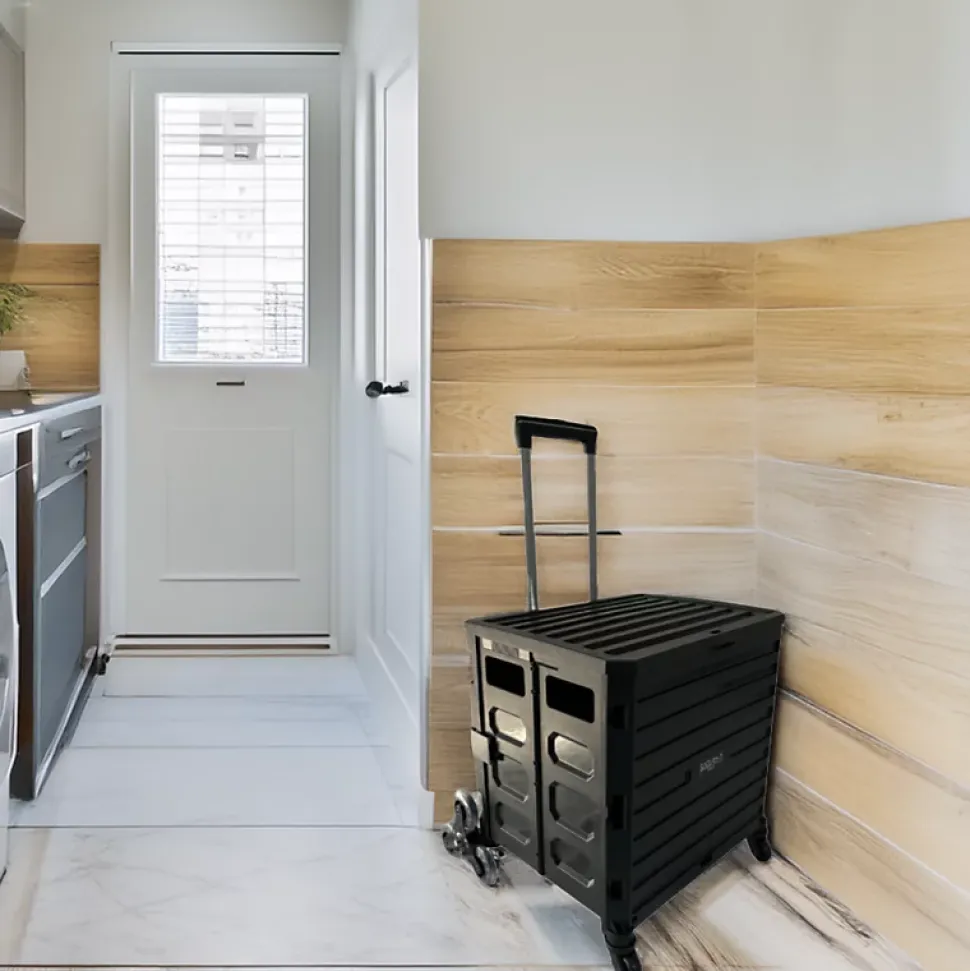 Chariot de course 8 roues - Pliable - Plastique - Avec Couvercle - Noir - 70Kg