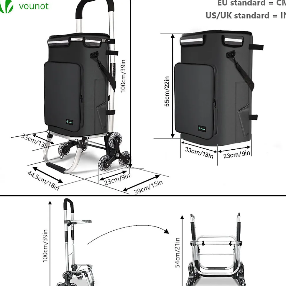 Chariot de course pliable monte escalier aluminium avec crochets noir VOUNOT