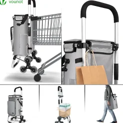 Chariot de course pliable monte escalier aluminium avec crochets gris VOUNOT