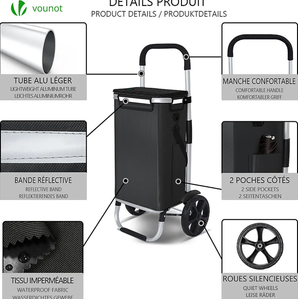 Chariot de course pliable aluminium 2 roues avec sac isotherme noir VOUNOT
