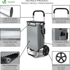 Chariot de course pliable aluminium 2 roues avec sac isotherme gris VOUNOT