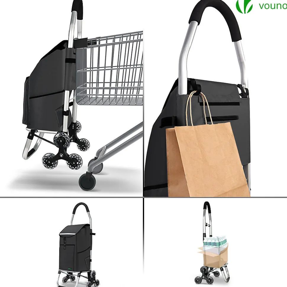 Chariot de course pliable monte escalier aluminium avec crochets noir VOUNOT