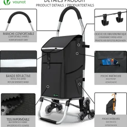 Chariot de course pliable monte escalier aluminium avec crochets noir VOUNOT