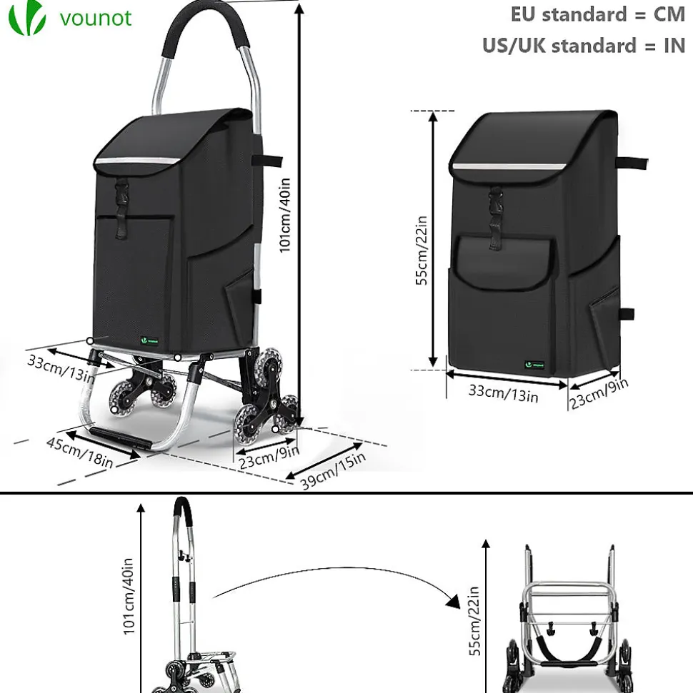 Chariot de course pliable monte escalier aluminium avec crochets noir VOUNOT