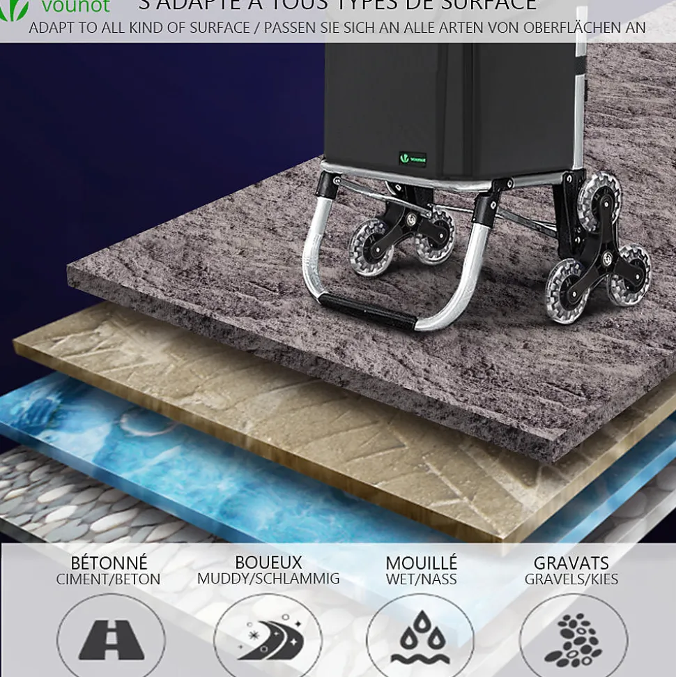 Chariot de course pliable monte escalier aluminium avec crochets noir VOUNOT