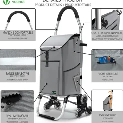 Chariot de course pliable monte escalier aluminium avec crochets gris VOUNOT