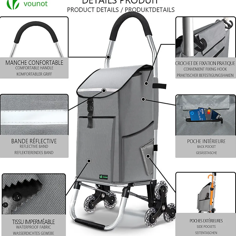 Chariot de course pliable monte escalier aluminium avec crochets gris VOUNOT