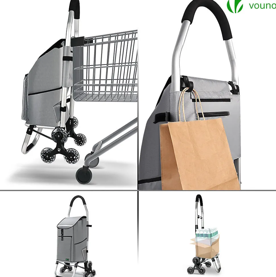 Chariot de course pliable monte escalier aluminium avec crochets gris VOUNOT