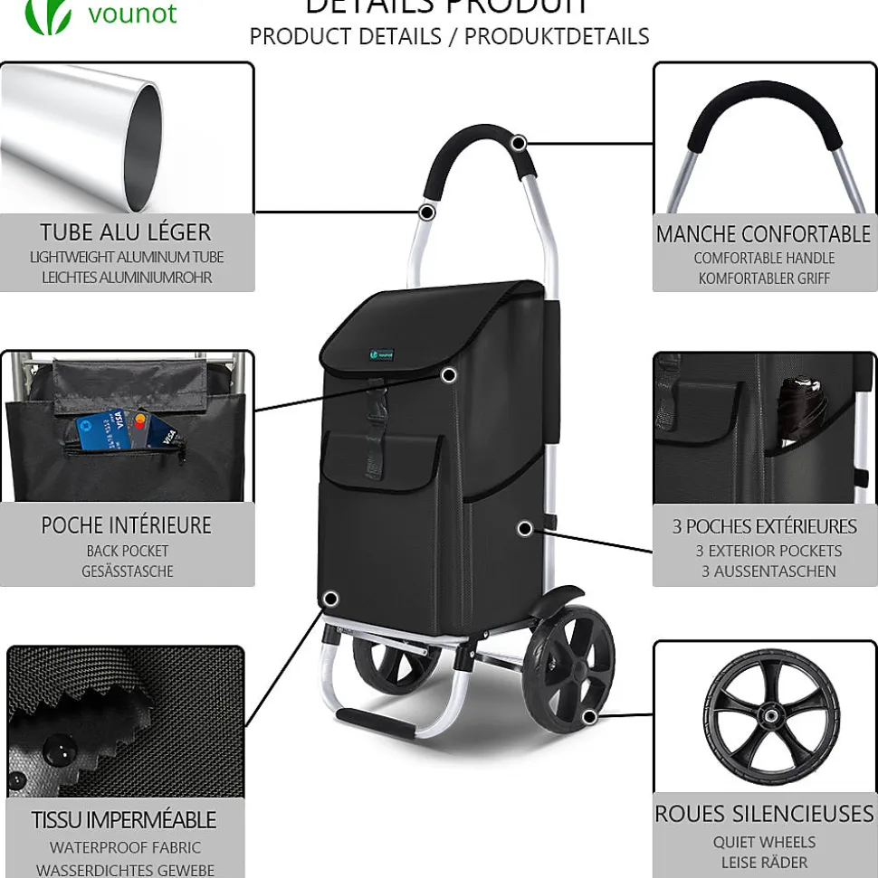 Chariot de course pliable aluminium 2 roues noir VOUNOT