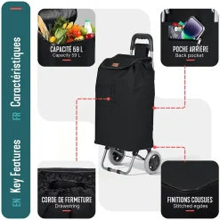 Chariot de courses 2 roues pliable 59L noir VOUNOT