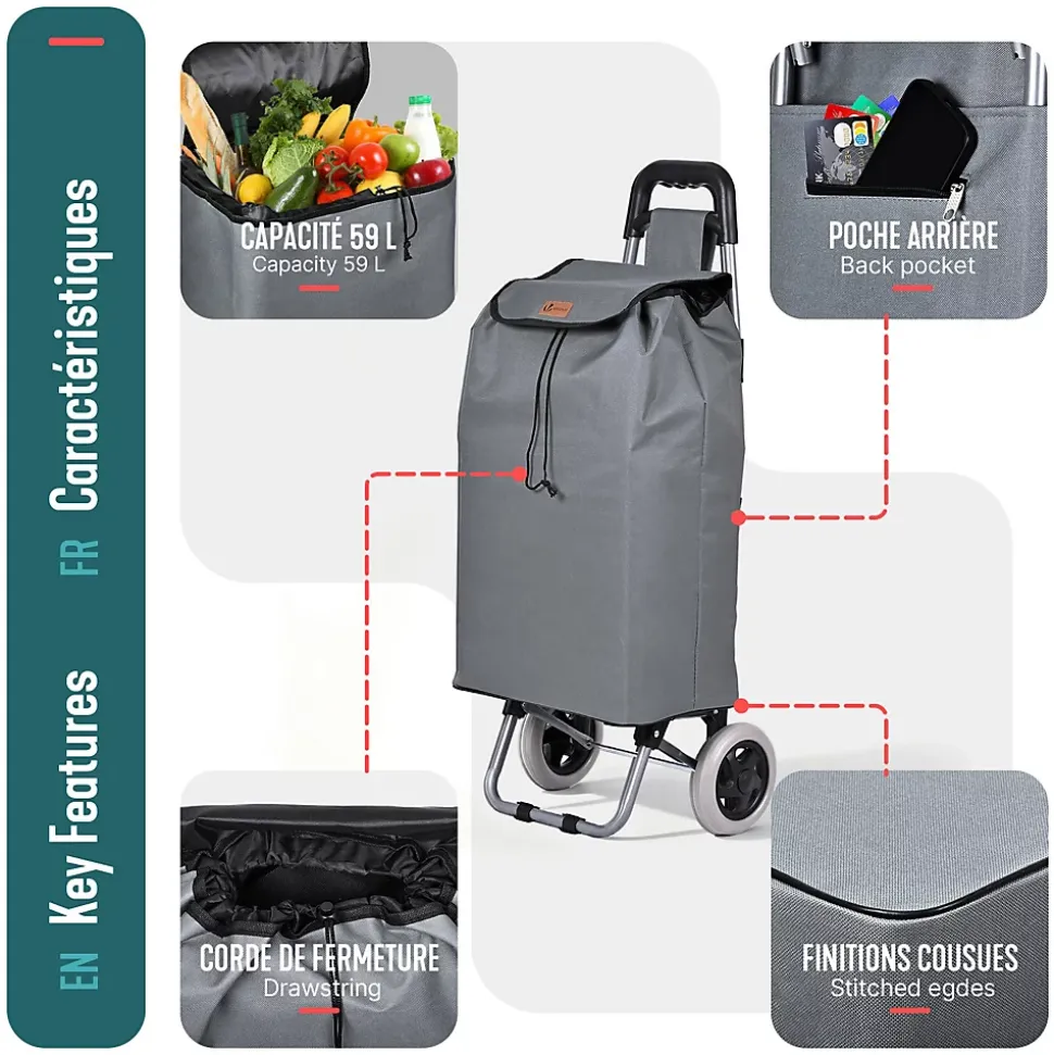 Chariot de courses 2 roues pliable 59L gris VOUNOT