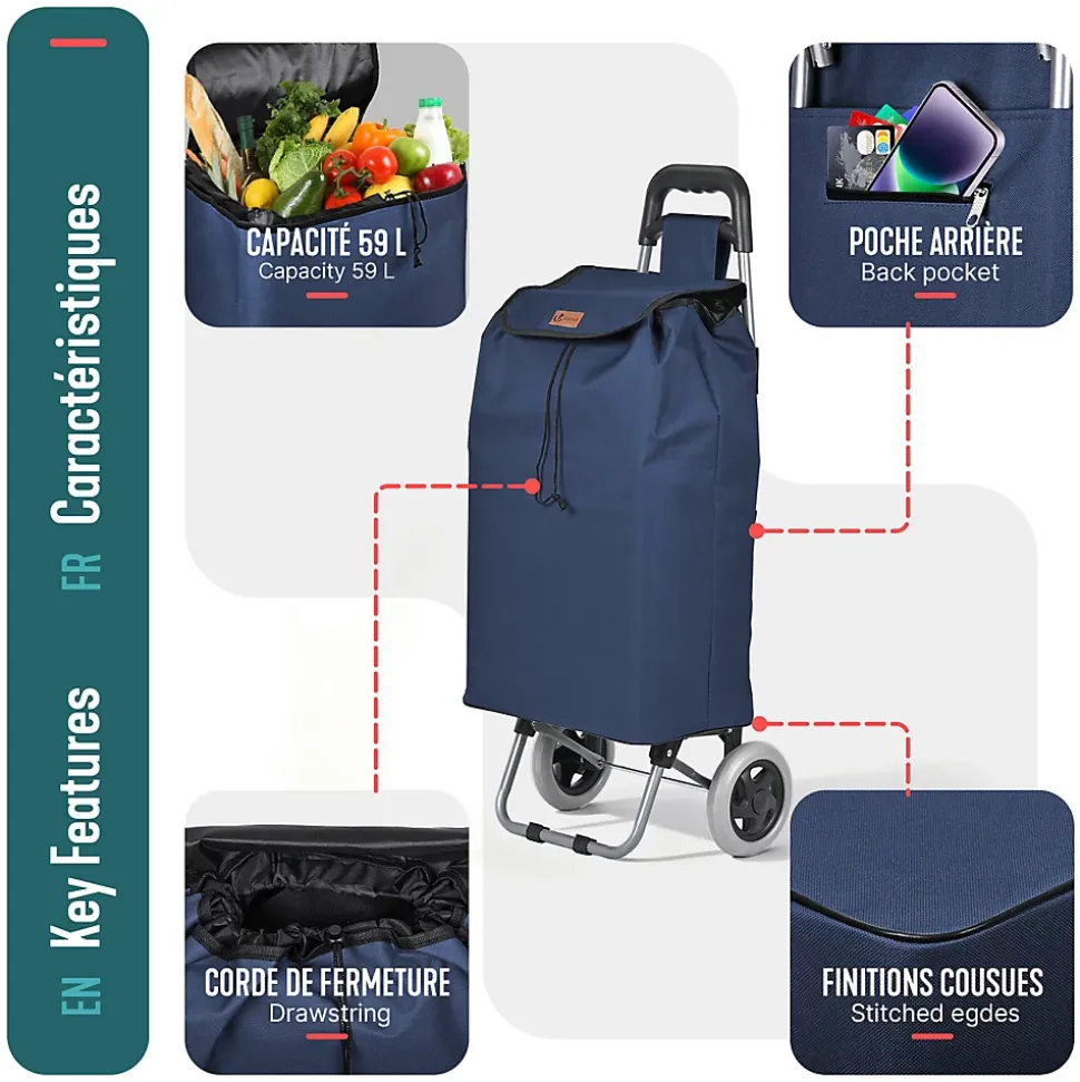 Chariot de courses 2 roues pliable 59L bleu marine VOUNOT