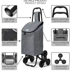 Chariot de courses pliable monte escalier style oxford gris VOUNOT