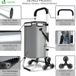 Chariot de courses pliable monte escalier aluminium avec sac isotherme gris VOUNOT