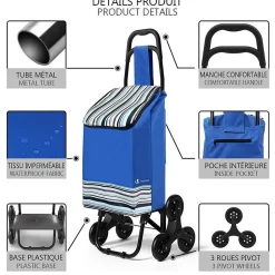 Chariot de courses pliable monte escalier bleu VOUNOT