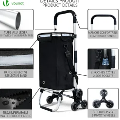 Chariot de courses pliable monte escalier aluminium avec sac isotherme noir VOUNOT