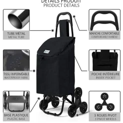 Chariot de courses pliable monte escalier style oxford noir VOUNOT