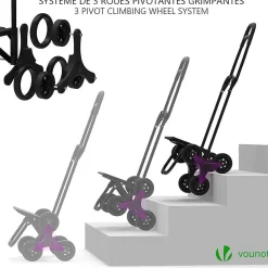 Chariot de courses pliable monte escalier style oxford noir VOUNOT