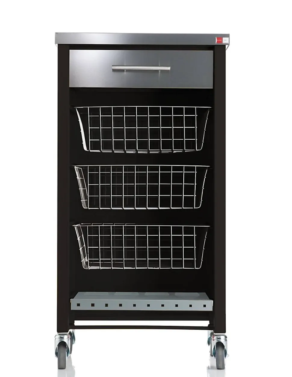 Chariot de cuisine à roulettes CHELSEA, Plan inox, 3 paniers, tiroir et casier à bouteilles