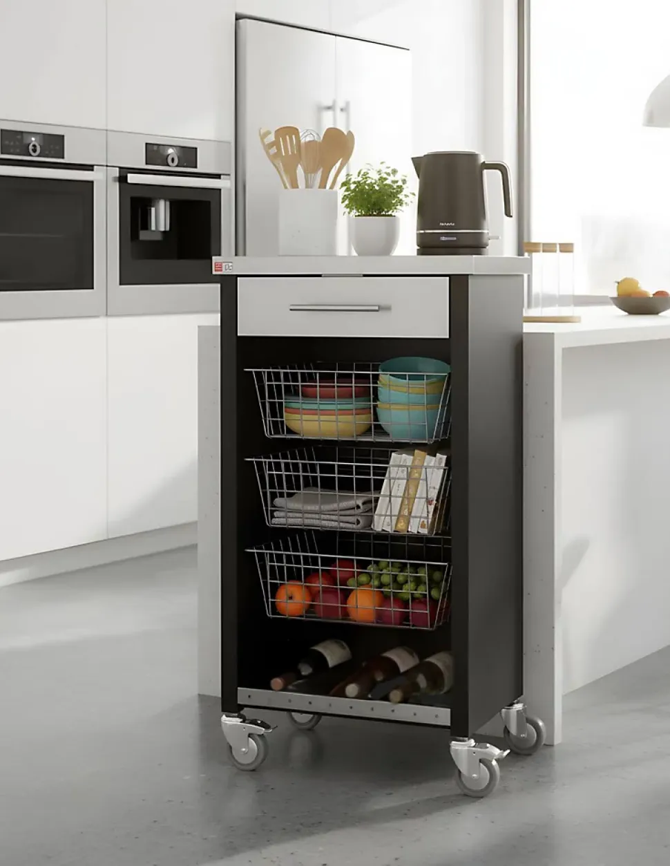 Chariot de cuisine à roulettes CHELSEA, Plan inox, 3 paniers, tiroir et casier à bouteilles