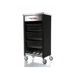Chariot de cuisine à roulettes CHELSEA, Plan inox, 3 paniers, tiroir et casier à bouteilles