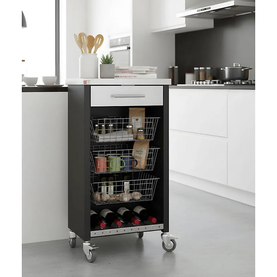 Chariot de cuisine à roulettes CHELSEA, Plan inox, 3 paniers, tiroir et casier à bouteilles