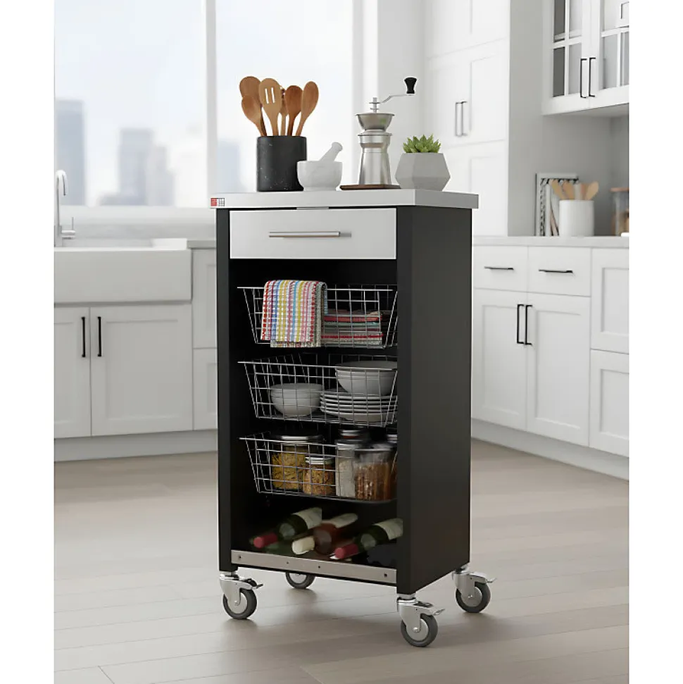 Chariot de cuisine à roulettes CHELSEA, Plan inox, 3 paniers, tiroir et casier à bouteilles