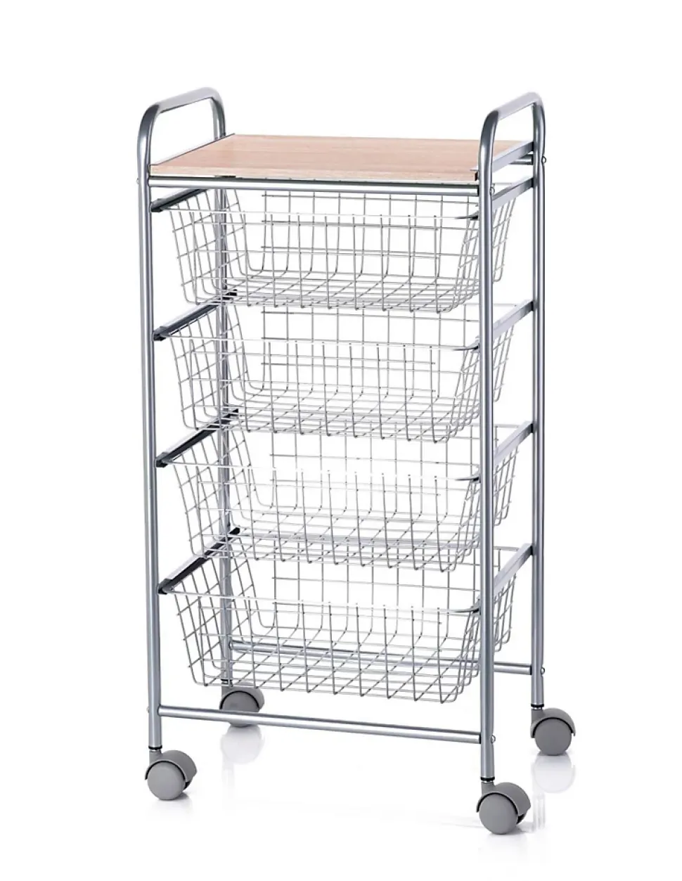 Chariot de cuisine Beech avec 4 paniers amovibles, meuble d'appoint polyvalent à roulettes, cadre Gris et plateau Hêtre