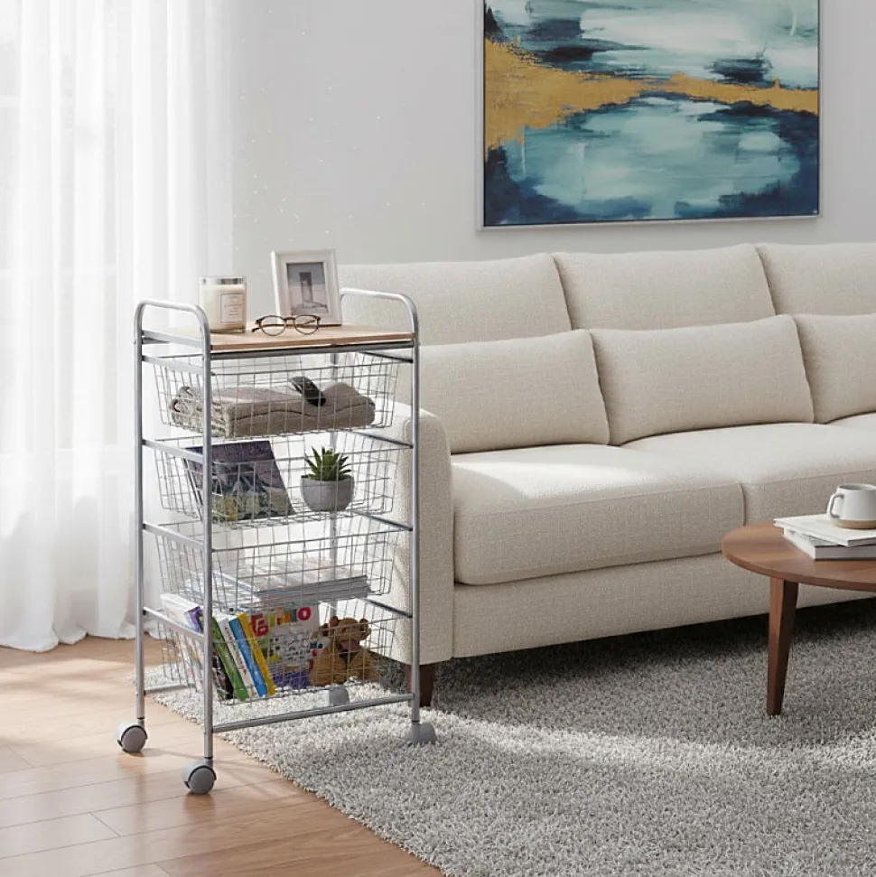 Chariot de cuisine Beech avec 4 paniers amovibles, meuble d'appoint polyvalent à roulettes, cadre Gris et plateau Hêtre