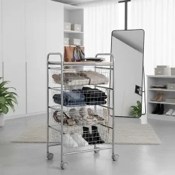 Chariot de cuisine Beech avec 4 paniers amovibles, meuble d'appoint polyvalent à roulettes, cadre Gris et plateau Hêtre