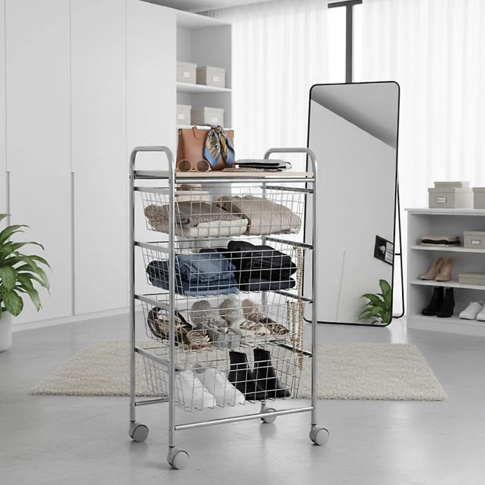 Chariot de cuisine Beech avec 4 paniers amovibles, meuble d'appoint polyvalent à roulettes, cadre Gris et plateau Hêtre