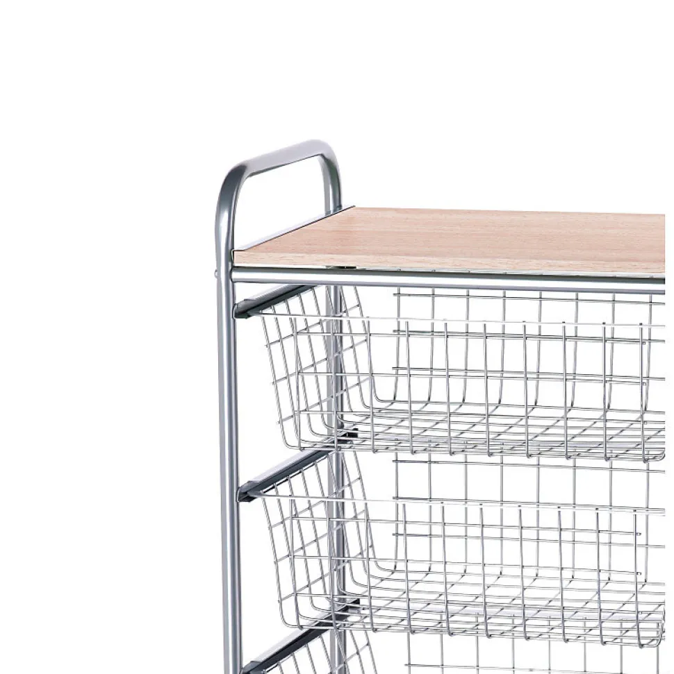 Chariot de cuisine Beech avec 4 paniers amovibles, meuble d'appoint polyvalent à roulettes, cadre Gris et plateau Hêtre
